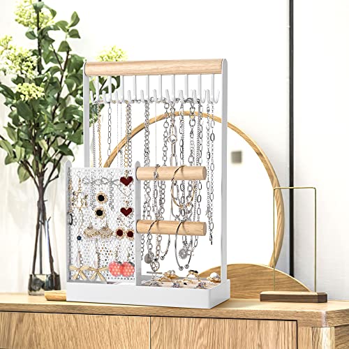 Jewelry Organizer Stand Necklace Holder, 4 In 1 Jewelry Holder with Earring Organizer and Removable Ring Tray, Double-Side 20 Hooks Jewelry Stand for Necklaces Earrings Bracelets Bangles Watches Rings