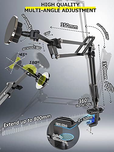 CACENCAN Phone Holder for Bed, Magnetic Phone Stand for Desk, 360° Rotation, MagSafe Cell Phone Stand, Clip Mountable Tablet Stand for Bed, Mic Boom Arm, Compatible with All Phone, Tablets-Space Black