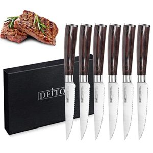 dfito 6 pieces serrated steak knives set, ultra sharp fine edge steak knife set, pakkawood handle steak knoves,with gift box.