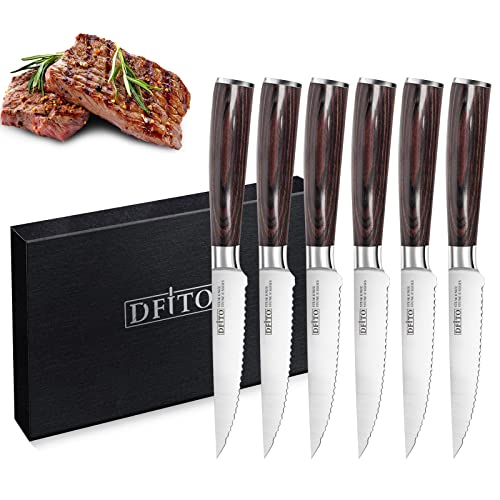 Dfito 6 Pieces Serrated Steak Knives Set, Ultra Sharp Fine Edge Steak Knife Set, Pakkawood Handle Steak Knoves,with Gift Box.