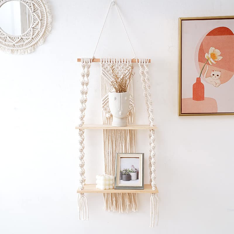 JnnRain Macrame Shelf Wall Hanging Beige Shelves White Decor Plants Home 2D x 1W x 1H in