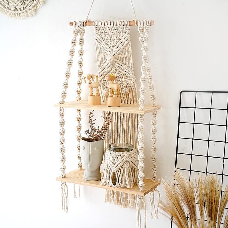 JnnRain Macrame Shelf Wall Hanging Beige Shelves White Decor Plants Home 2D x 1W x 1H in