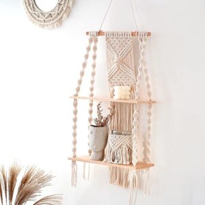 JnnRain Macrame Shelf Wall Hanging Beige Shelves White Decor Plants Home 2D x 1W x 1H in