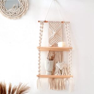 JnnRain Macrame Shelf Wall Hanging Beige Shelves White Decor Plants Home 2D x 1W x 1H in