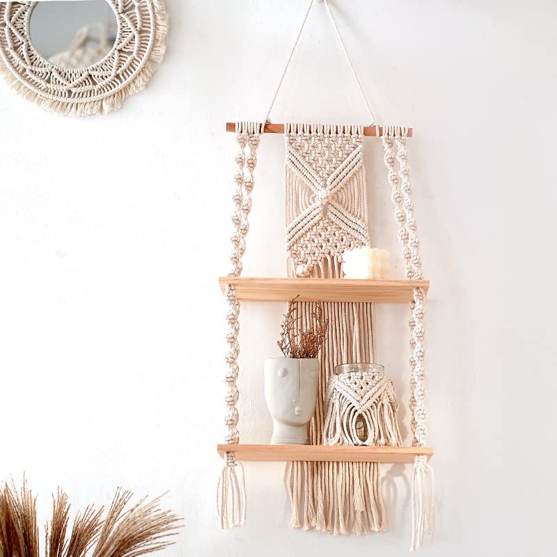 JnnRain Macrame Shelf Wall Hanging Beige Shelves White Decor Plants Home 2D x 1W x 1H in