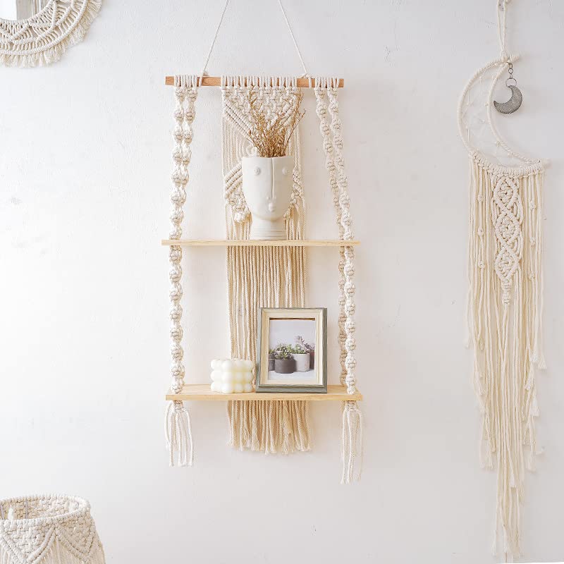 JnnRain Macrame Shelf Wall Hanging Beige Shelves White Decor Plants Home 2D x 1W x 1H in