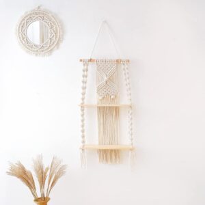 JnnRain Macrame Shelf Wall Hanging Beige Shelves White Decor Plants Home 2D x 1W x 1H in