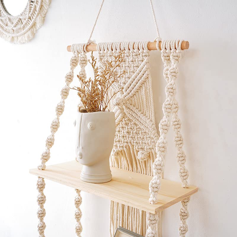 JnnRain Macrame Shelf Wall Hanging Beige Shelves White Decor Plants Home 2D x 1W x 1H in