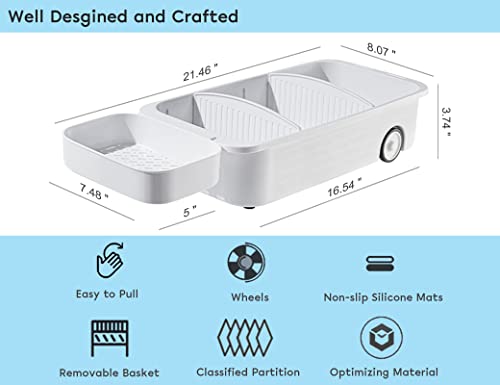 Under Sink Organizer with Wheels, Bathroom Organizer with Dividers & Side Basket, Pull Out Cabinet Organizer for kitchen Storage, Kitchen Pantry Cabinet Medicine Bins, 8" Wide, White