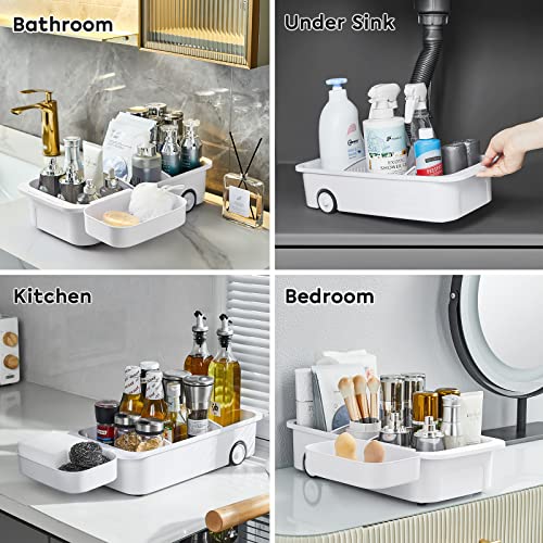 Under Sink Organizer with Wheels, Bathroom Organizer with Dividers & Side Basket, Pull Out Cabinet Organizer for kitchen Storage, Kitchen Pantry Cabinet Medicine Bins, 8" Wide, White