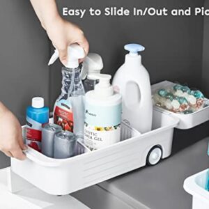 Under Sink Organizer with Wheels, Bathroom Organizer with Dividers & Side Basket, Pull Out Cabinet Organizer for kitchen Storage, Kitchen Pantry Cabinet Medicine Bins, 8" Wide, White