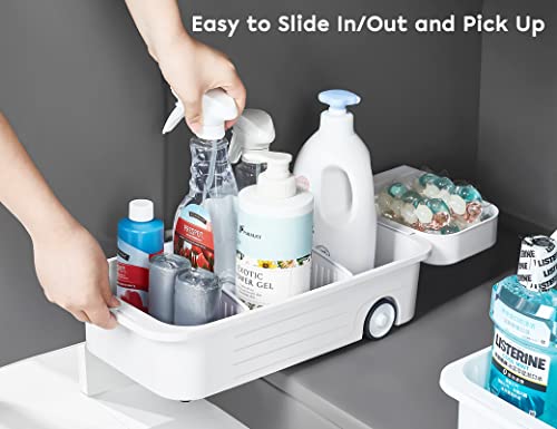 Under Sink Organizer with Wheels, Bathroom Organizer with Dividers & Side Basket, Pull Out Cabinet Organizer for kitchen Storage, Kitchen Pantry Cabinet Medicine Bins, 8" Wide, White