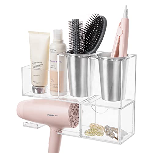 HBlife Hair Tool Organizer Wall Mounted with Drawer, Clear Acrylic Hair Styling Tools Organizer, Blow Dryer Holder, Caddy Storage for Hair Brush