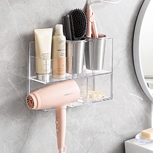 HBlife Hair Tool Organizer Wall Mounted with Drawer, Clear Acrylic Hair Styling Tools Organizer, Blow Dryer Holder, Caddy Storage for Hair Brush