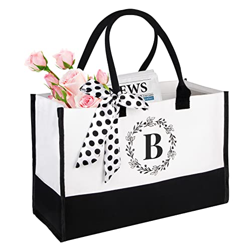 GIFTOXO Personalized Initial Tote Bag for Women,Canvas Tote Bag for Wedding Bride Beach,Monogrammed Gift for Teacher Mom B