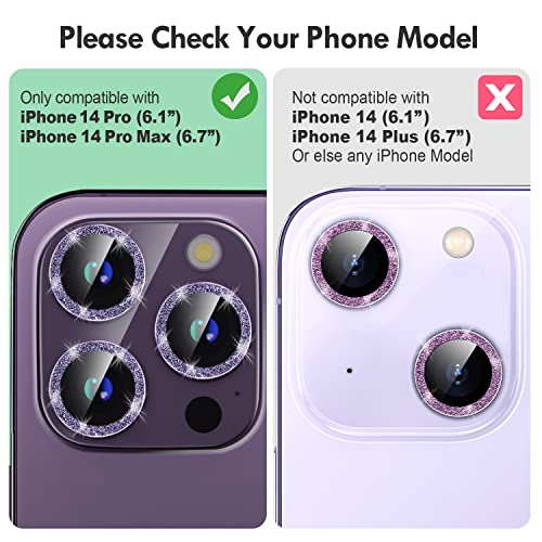 Xfilm Camera Lens Protector for iPhone 14 Pro/iPhone 14 Pro Max, Bling Glitter 9H Hardness Drop-Proof Metal Individual Ring Protector, Strong Adsorption, Case Friendly (Deep Purple Glitter)