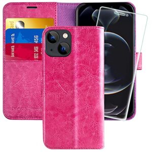 monasay iphone 13 5g wallet case, 6.1-inch, [glass screen protector included] [rfid blocking] flip folio leather cell phone cover with credit card holder for apple iphone 13, hot-pink