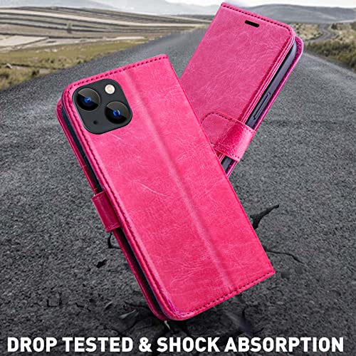 MONASAY iPhone 13 5G Wallet Case, 6.1-inch, [Glass Screen Protector Included] [RFID Blocking] Flip Folio Leather Cell Phone Cover with Credit Card Holder for Apple iPhone 13, Hot-Pink