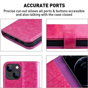 MONASAY iPhone 13 5G Wallet Case, 6.1-inch, [Glass Screen Protector Included] [RFID Blocking] Flip Folio Leather Cell Phone Cover with Credit Card Holder for Apple iPhone 13, Hot-Pink