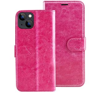 MONASAY iPhone 13 5G Wallet Case, 6.1-inch, [Glass Screen Protector Included] [RFID Blocking] Flip Folio Leather Cell Phone Cover with Credit Card Holder for Apple iPhone 13, Hot-Pink