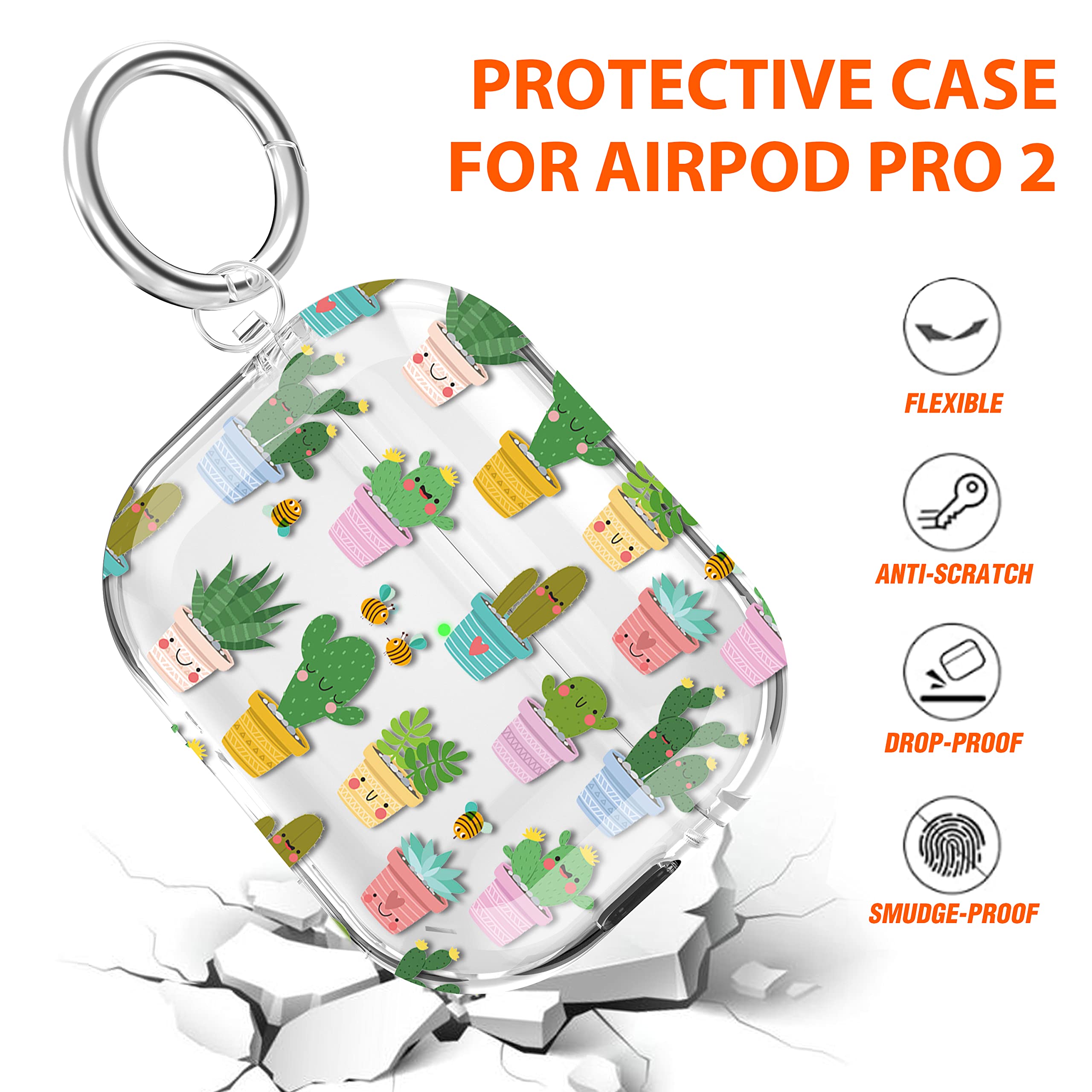 Maxjoy for Airpods Pro 2nd Generation Case Cover, Clear Cactus AirPod Pro 2 Case for Women Cute Protective iPod Pro 2 Cover with Keychain for AirPod Pro 2nd Gen Case 2023/2022, Transparent