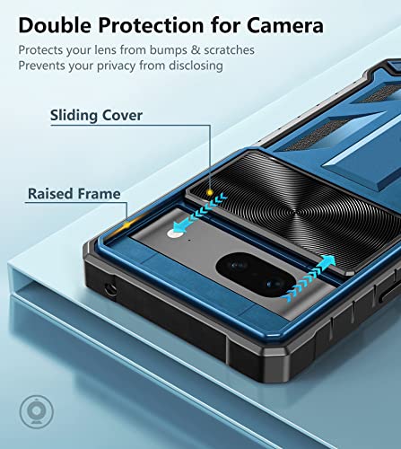 FNTCASE for Google Pixel 7 Case: Military Grade Shockproof Drop Protective Phone Cover with Kickstand, Slide Camera Cover & Screen Protector, Heavy Duty Cell Phone Case for Pixel 7-6.3 inch Blue