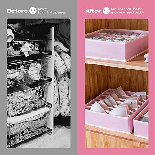 Duyoku 2 Pack Underwear Drawer Organizer - 7 Cells Bra Organizer for Drawer, Washable Underwear Storage, Foldable Underwear Organizer for Women, Lingerie Dresser (Pink - 12.6×12.6×3.9Inch)