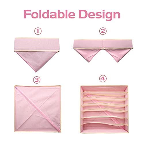 Duyoku 2 Pack Underwear Drawer Organizer - 7 Cells Bra Organizer for Drawer, Washable Underwear Storage, Foldable Underwear Organizer for Women, Lingerie Dresser (Pink - 12.6×12.6×3.9Inch)