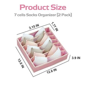 Duyoku 2 Pack Underwear Drawer Organizer - 7 Cells Bra Organizer for Drawer, Washable Underwear Storage, Foldable Underwear Organizer for Women, Lingerie Dresser (Pink - 12.6×12.6×3.9Inch)