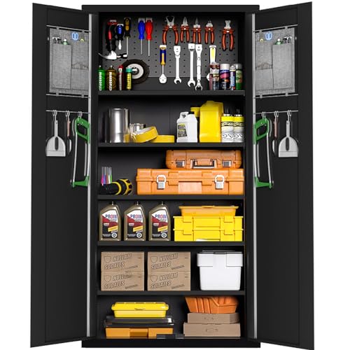 INTERGREAT 6-Tier Metal Garage Cabinet with Locking Door,Tall Muti-Functional Lockable Storage Cabinet with Lock and Pegboard,Black Steel Tool Cabinets with 5 Adjustable Shelves