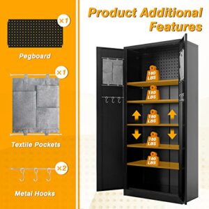 INTERGREAT 6-Tier Metal Garage Cabinet with Locking Door,Tall Muti-Functional Lockable Storage Cabinet with Lock and Pegboard,Black Steel Tool Cabinets with 5 Adjustable Shelves