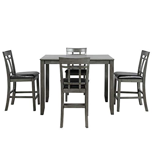 CKLMMC 5 Piece Vintage Dining Table Set, Wood Rectangular Counter Height Bar Table with 4 Leather Upholstered Chairs,Kitchen Furniture Set for Dining Room, Pub and Bistro