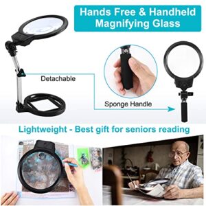 LANCOSC 5.5 Inches 2-in-1 Magnifying Glass with Light and Stand, 2X-6X Large Foldable Handheld Lighted Magnifier for Close Work, Reading, Cross Stitches, Crafts, Needleworks, Embroidery (Black)