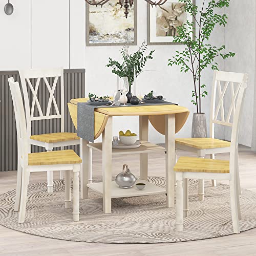 Merax 5-Piece Farmhouse Wooden Round Dining Table Set with Drop Leaf, 2-Tier Storage Shelves and 4 Cross Back Chairs, Distressed White+Natural