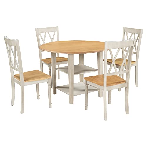 Merax 5-Piece Farmhouse Wooden Round Dining Table Set with Drop Leaf, 2-Tier Storage Shelves and 4 Cross Back Chairs, Distressed White+Natural