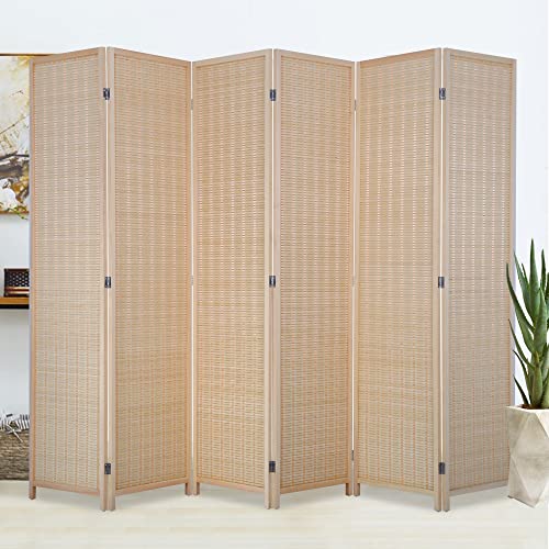 6 Panel Room Divider Wall Screen 6FT Tall Folding Wood Frame Privacy Divider Screen Freestanding Wall Divider Partition Vintage Room Separation Screen Portable Breathable Partition Divider, Natural