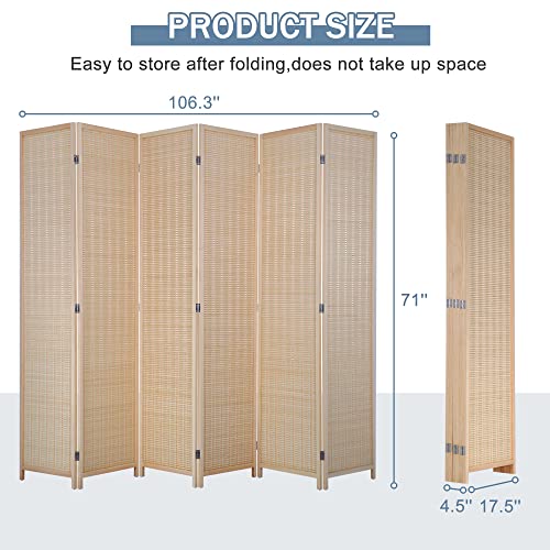 6 Panel Room Divider Wall Screen 6FT Tall Folding Wood Frame Privacy Divider Screen Freestanding Wall Divider Partition Vintage Room Separation Screen Portable Breathable Partition Divider, Natural