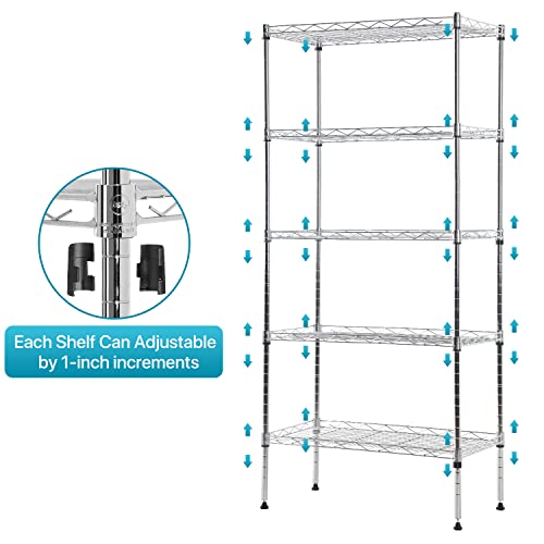 5 Wire Shelving Unit Storage Shelf Adjustable Heavy Duty Shelf with Leveling Feet for Closet Laundry Pantry Kitchen Garage 750 LBS Capacity 21.5" L x 11.6" W x 47.6" H, Chrome