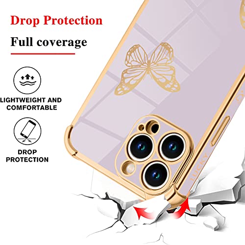 OOK Compatible with iPhone 14 Pro Max Case Luxury Plating Edge Bumper Case with Full Camera Lens Protection Cute Butterfly Pattern Cover for iPhone 14 Pro Max 6.7 Inch for Women Girl(Purple)