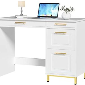 HOMBCK White Desk with Drawers, Modern White and Gold Desk with Drawers, Home Office Desk Small Computer Desk for Bedroom, Vanity Desk with 4 Drawers & Spacious Desktop, White/Gold