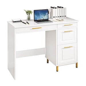 HOMBCK White Desk with Drawers, Modern White and Gold Desk with Drawers, Home Office Desk Small Computer Desk for Bedroom, Vanity Desk with 4 Drawers & Spacious Desktop, White/Gold