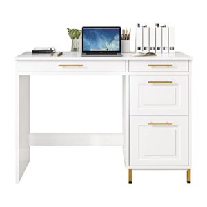 HOMBCK White Desk with Drawers, Modern White and Gold Desk with Drawers, Home Office Desk Small Computer Desk for Bedroom, Vanity Desk with 4 Drawers & Spacious Desktop, White/Gold