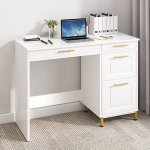 HOMBCK White Desk with Drawers, Modern White and Gold Desk with Drawers, Home Office Desk Small Computer Desk for Bedroom, Vanity Desk with 4 Drawers & Spacious Desktop, White/Gold