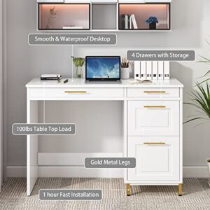 HOMBCK White Desk with Drawers, Modern White and Gold Desk with Drawers, Home Office Desk Small Computer Desk for Bedroom, Vanity Desk with 4 Drawers & Spacious Desktop, White/Gold