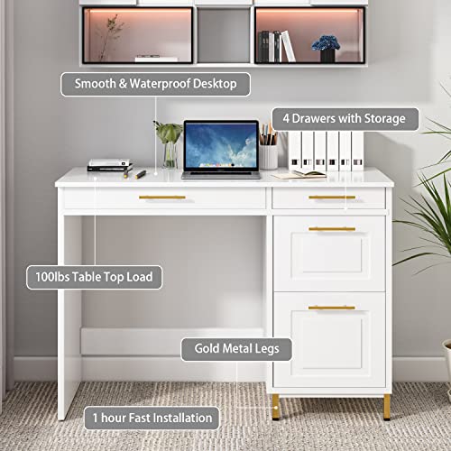 HOMBCK White Desk with Drawers, Modern White and Gold Desk with Drawers, Home Office Desk Small Computer Desk for Bedroom, Vanity Desk with 4 Drawers & Spacious Desktop, White/Gold