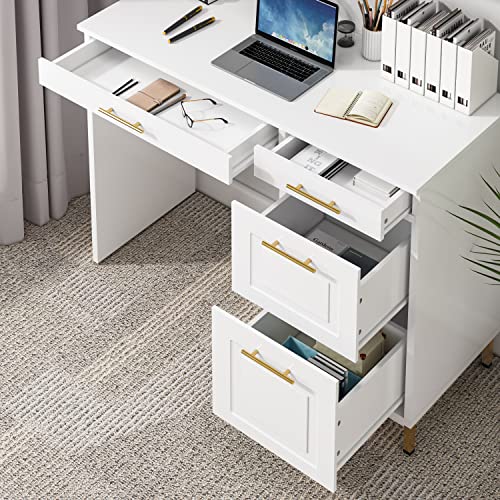 HOMBCK White Desk with Drawers, Modern White and Gold Desk with Drawers, Home Office Desk Small Computer Desk for Bedroom, Vanity Desk with 4 Drawers & Spacious Desktop, White/Gold