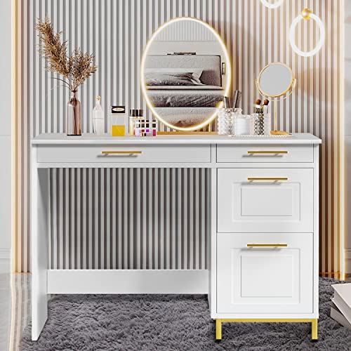 HOMBCK White Desk with Drawers, Modern White and Gold Desk with Drawers, Home Office Desk Small Computer Desk for Bedroom, Vanity Desk with 4 Drawers & Spacious Desktop, White/Gold