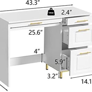 HOMBCK White Desk with Drawers, Modern White and Gold Desk with Drawers, Home Office Desk Small Computer Desk for Bedroom, Vanity Desk with 4 Drawers & Spacious Desktop, White/Gold