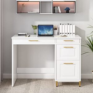 HOMBCK White Desk with Drawers, Modern White and Gold Desk with Drawers, Home Office Desk Small Computer Desk for Bedroom, Vanity Desk with 4 Drawers & Spacious Desktop, White/Gold