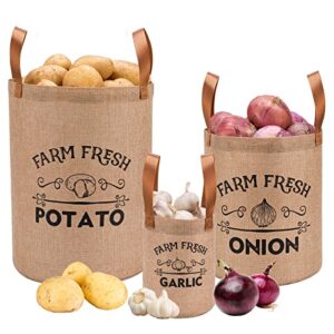 parbee potato storage for pantry, farmhouse potato and onion holder storage bin, kitchen container bags for potato onion garlic with handle, 3 set